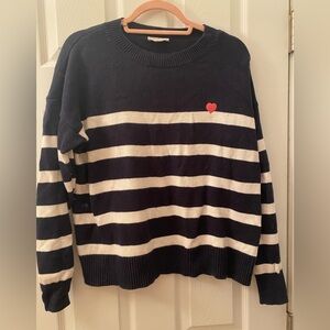 Loft Outlet Navy and White Striped Sweater with Heart Detail
